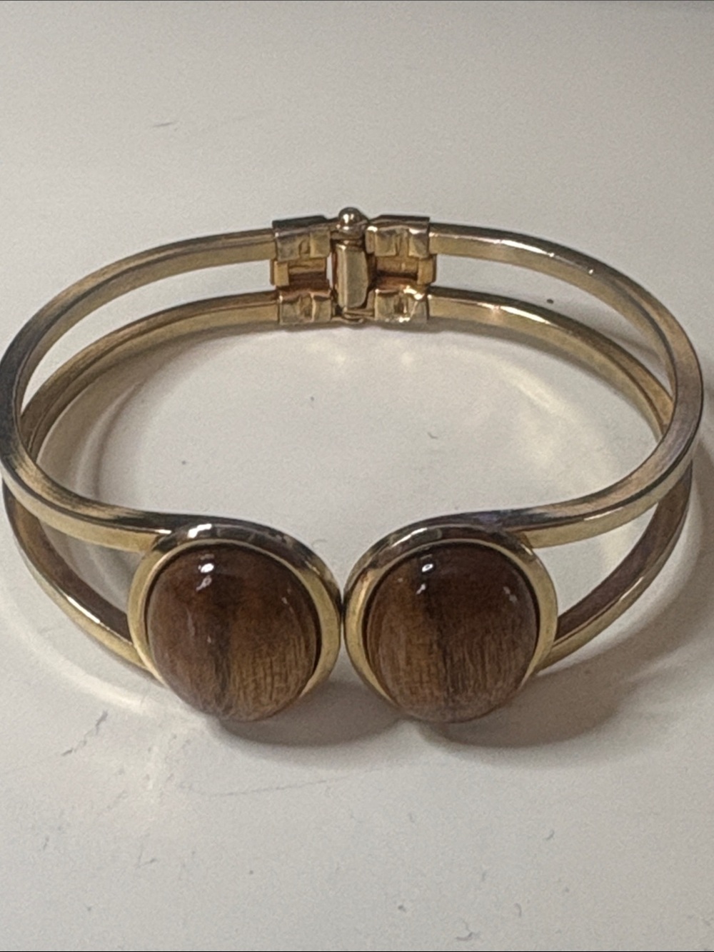 Gold-Tone Brown Cabochon Double-Panel Bangle Bracelet